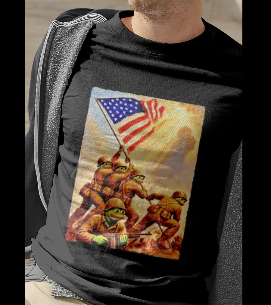 Pepe The Frog American Flag Soldiers Together We Win WWII Iwo Jima Memorial T-Shirt