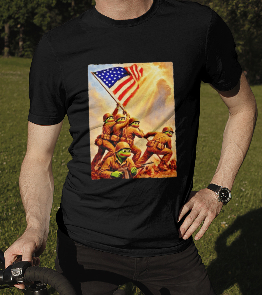 Pepe The Frog American Flag Soldiers Together We Win WWII Iwo Jima Memorial T-Shirt
