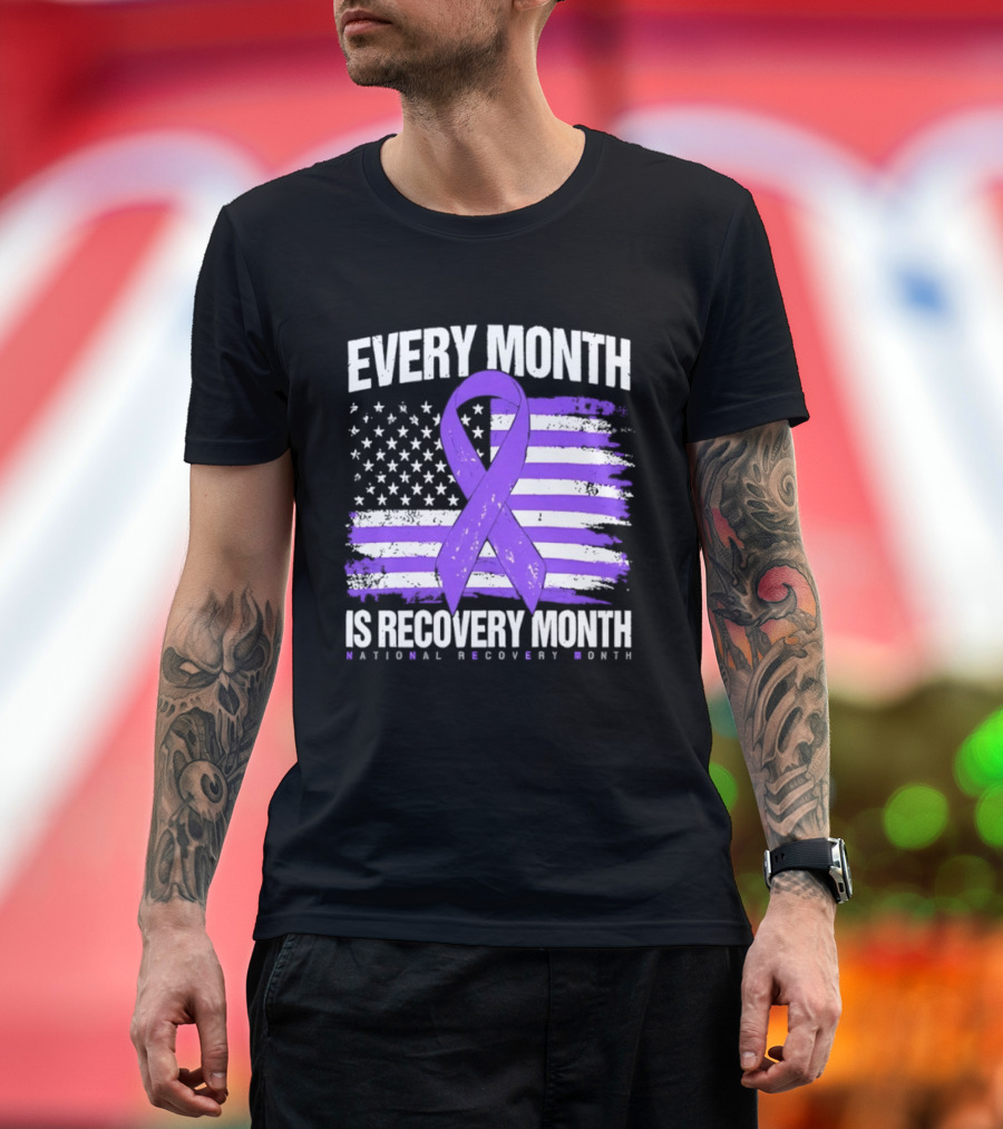 Every Month Is Recovery Month Purple Ribbon American Flag National Recovery Month T-Shirt