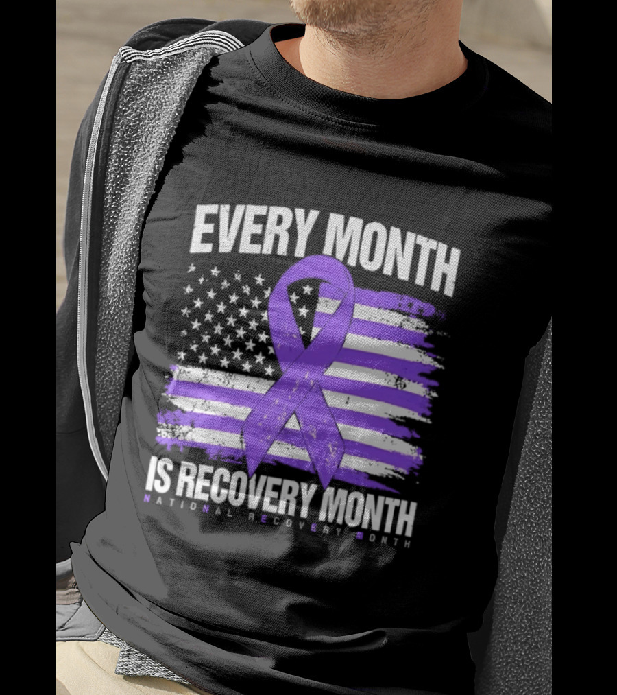 Every Month Is Recovery Month Purple Ribbon American Flag National Recovery Month T-Shirt