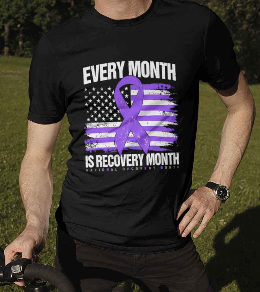 Every Month Is Recovery Month Purple Ribbon American Flag National Recovery Month T-Shirt