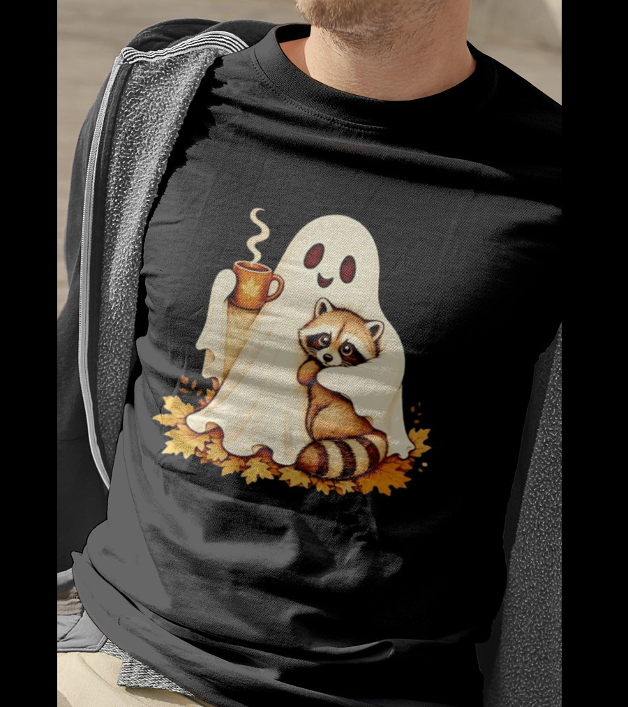 Ghost Hugging Raccoon With Coffee And Autumn Leaves T-Shirt