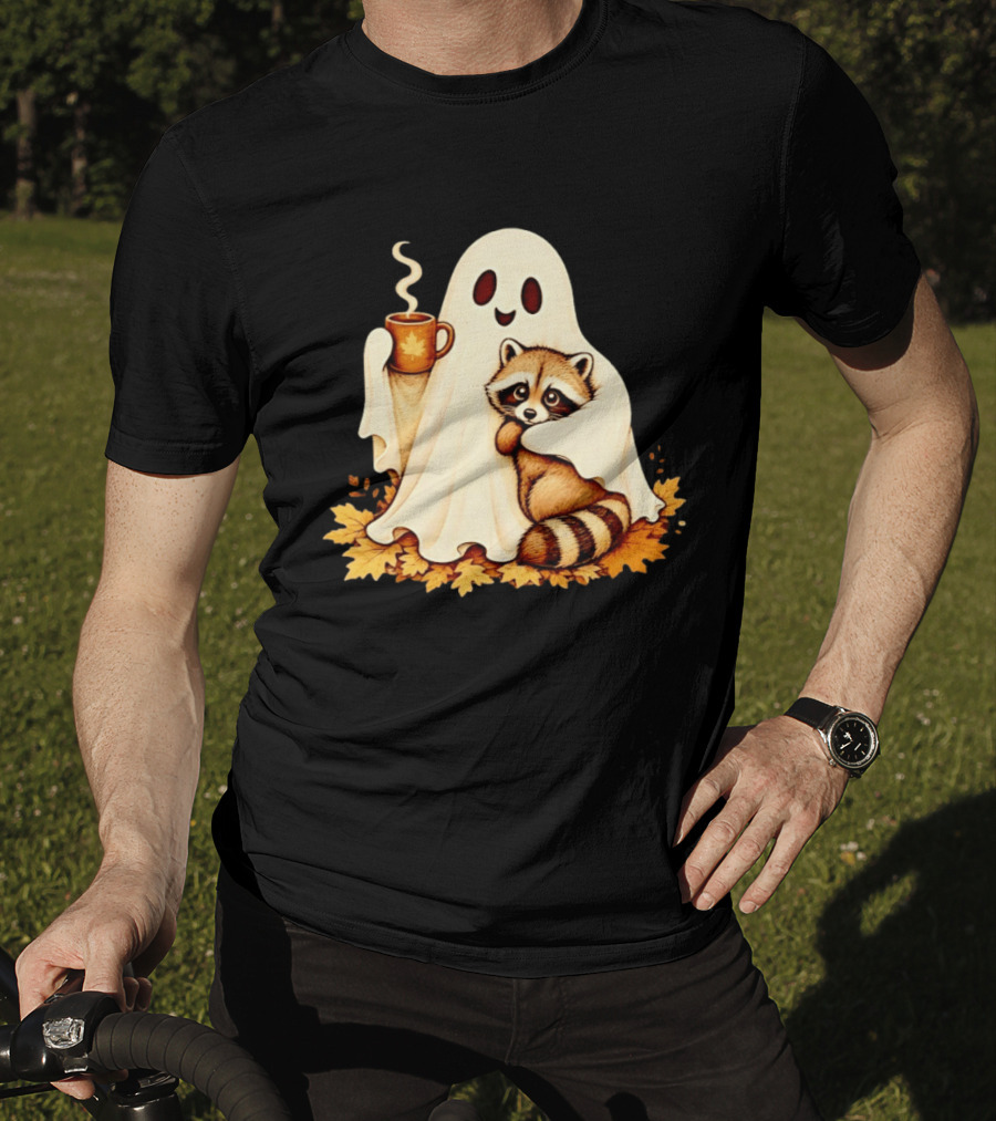 Ghost Hugging Raccoon With Coffee And Autumn Leaves T-Shirt
