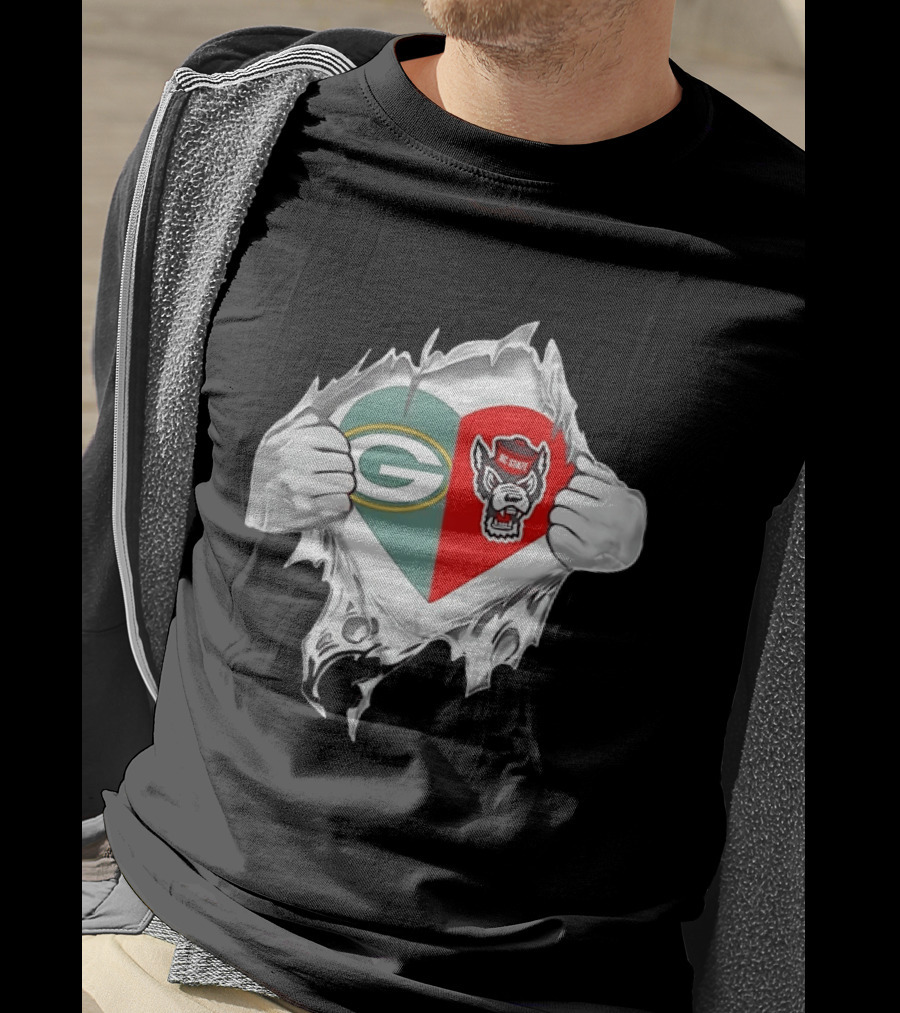 Green Bay Packers NC State Wolfpack Heart Superman Chest Rip T-Shirt