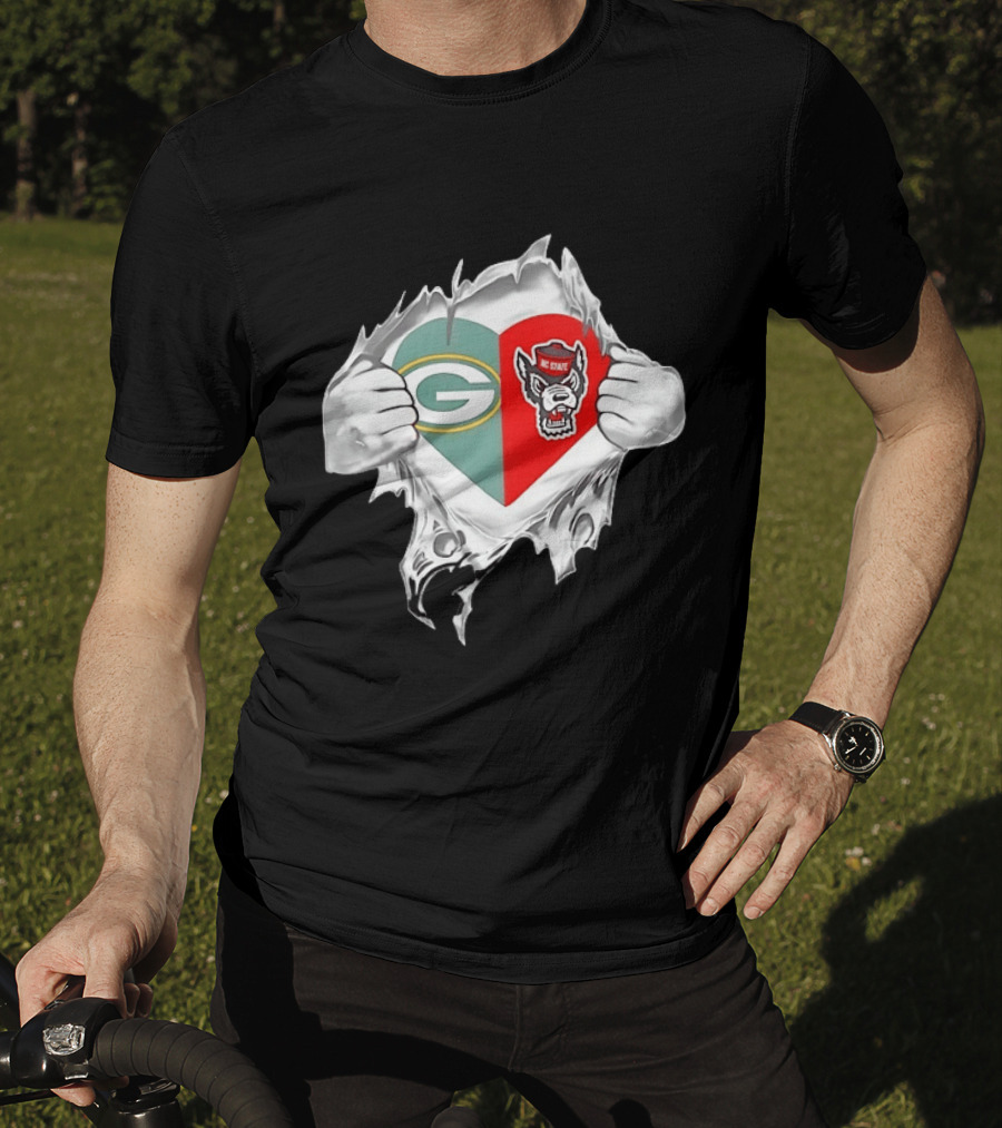 Green Bay Packers NC State Wolfpack Heart Superman Chest Rip T-Shirt