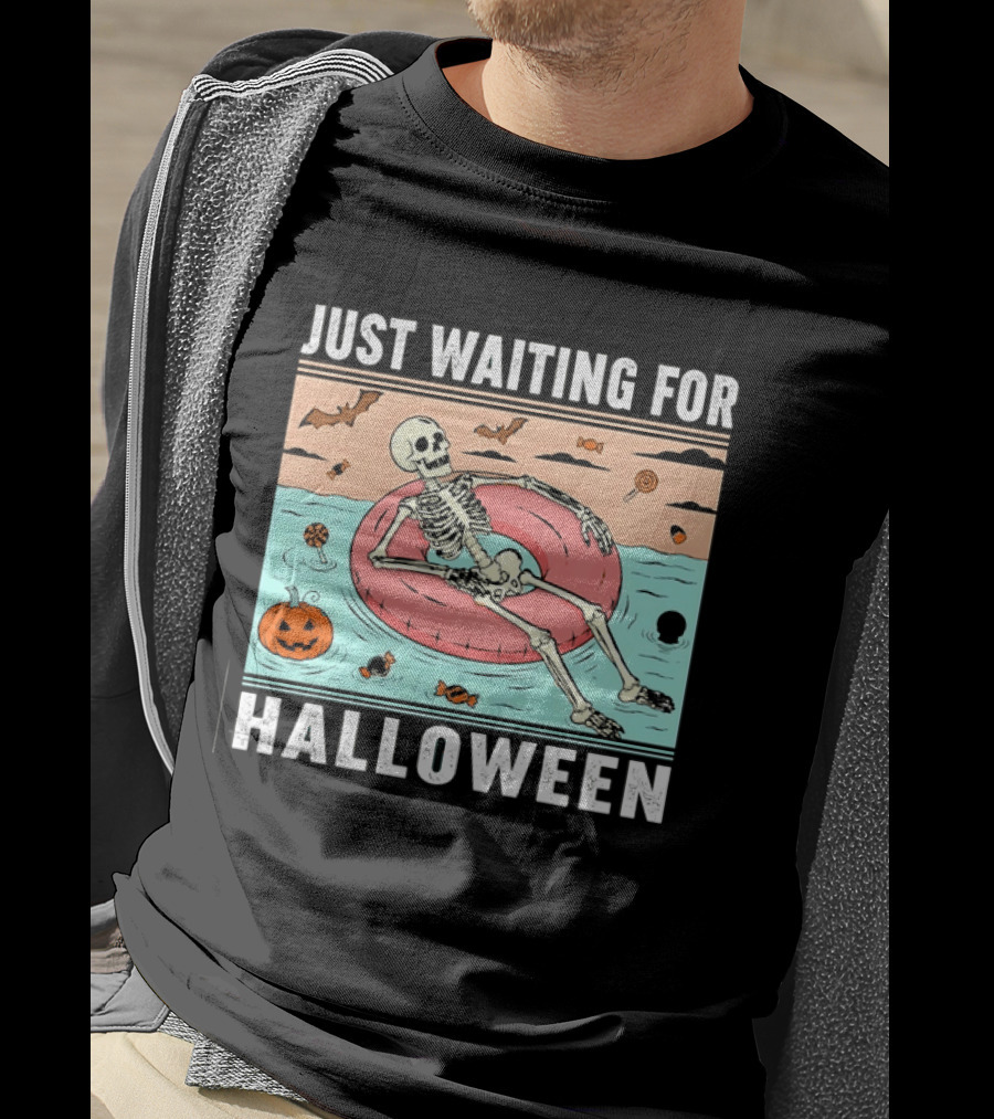 Just Waiting For Halloween Skeleton Pool Float With Candy And Pumpkin T-Shirt