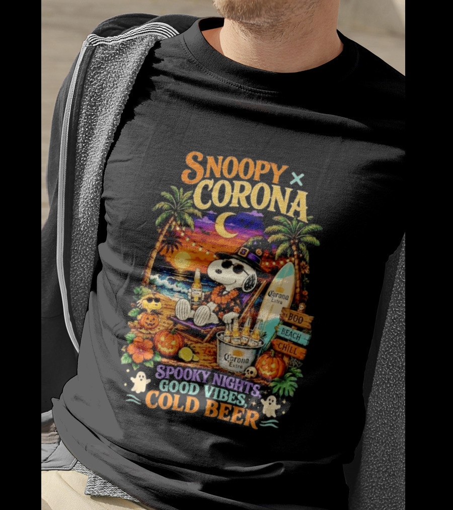 Snoopy X Corona Boo Beach Chill Spooky Nights Good Vibes Cold Beer T-Shirt