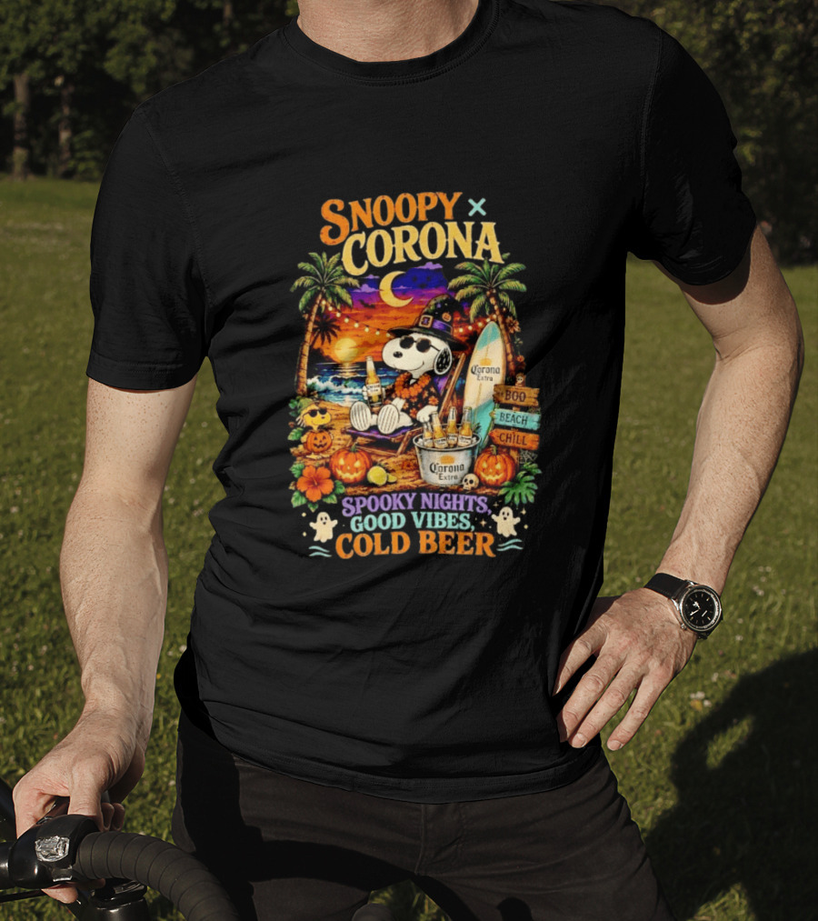 Snoopy X Corona Boo Beach Chill Spooky Nights Good Vibes Cold Beer T-Shirt
