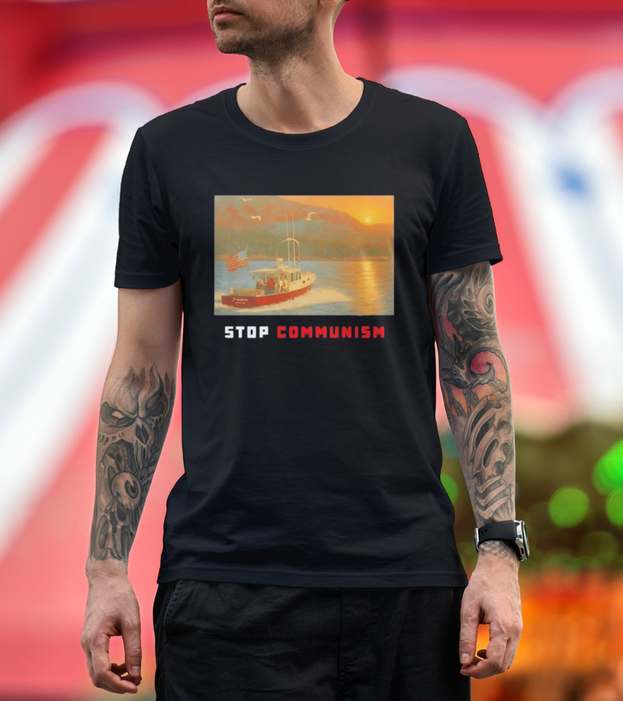 Stop Communism Freedom Boat American Flag Sunset Landscape T-Shirt