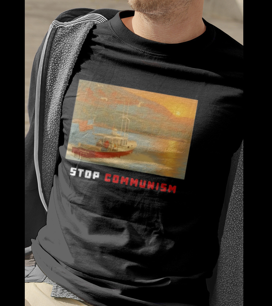 Stop Communism Freedom Boat American Flag Sunset Landscape T-Shirt