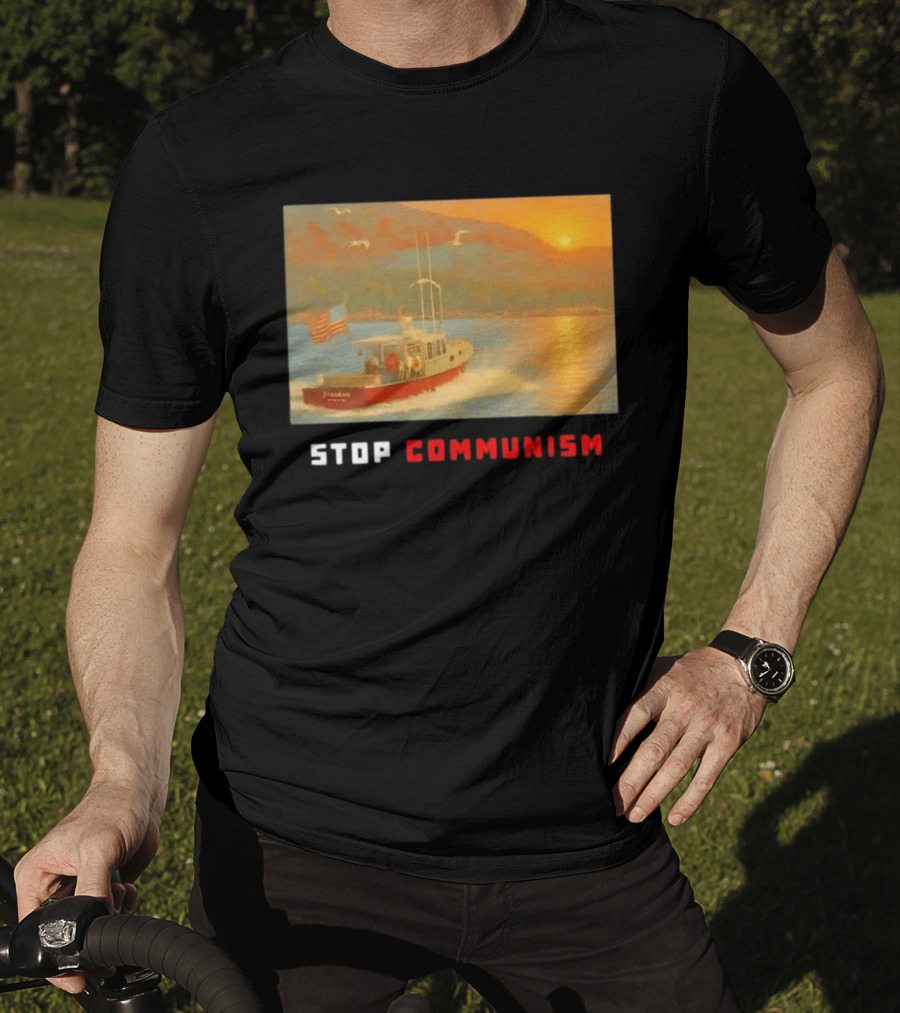 Stop Communism Freedom Boat American Flag Sunset Landscape T-Shirt