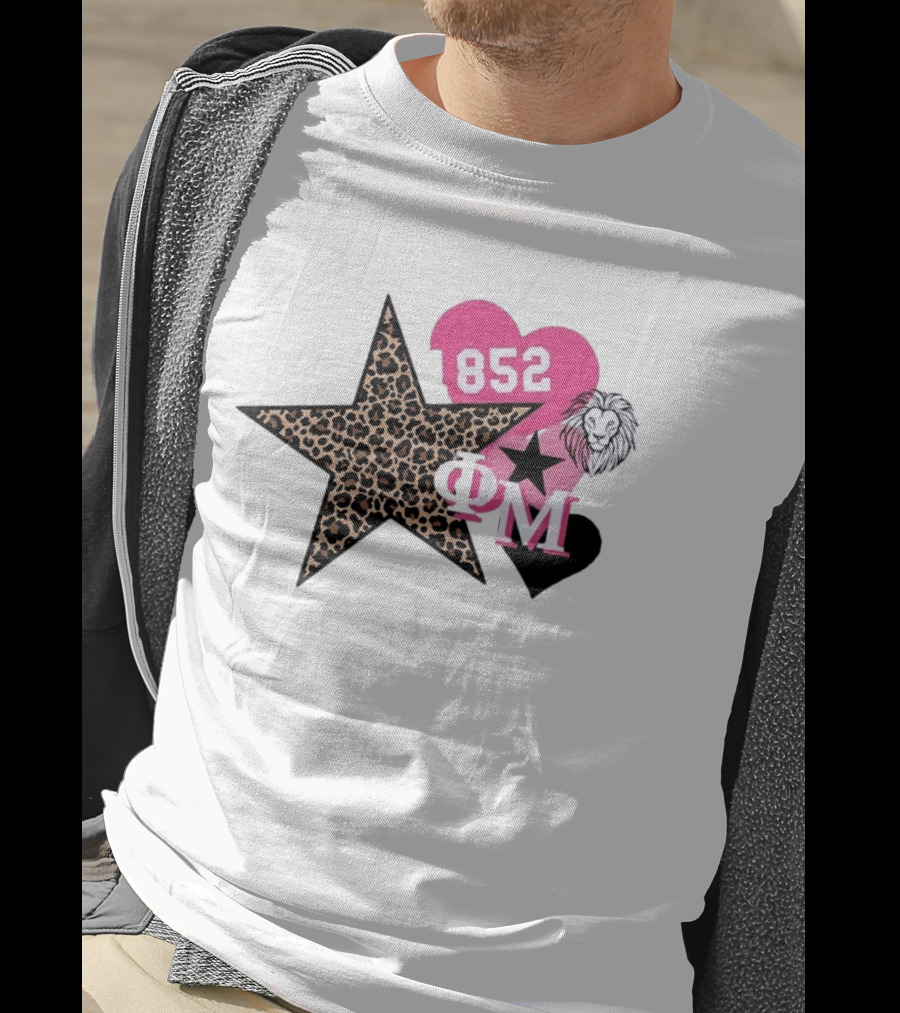 Phi Mu 1852 Leopard Star Lion 852 Pink Heart Sorority T-Shirt
