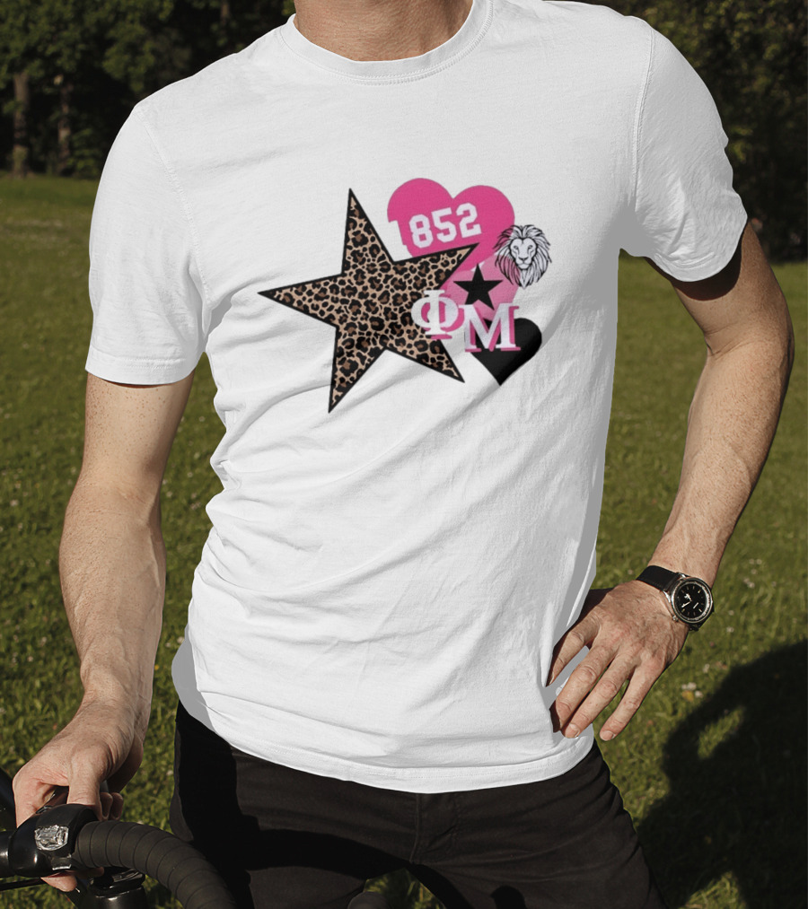 Phi Mu 1852 Leopard Star Lion 852 Pink Heart Sorority T-Shirt