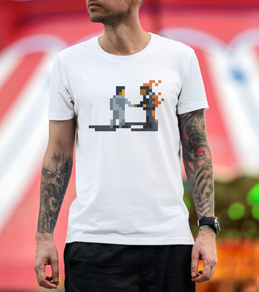 Pink Floyd Wish You Were Here Pixelated Two Men Shaking Hands Flames T-Shirt