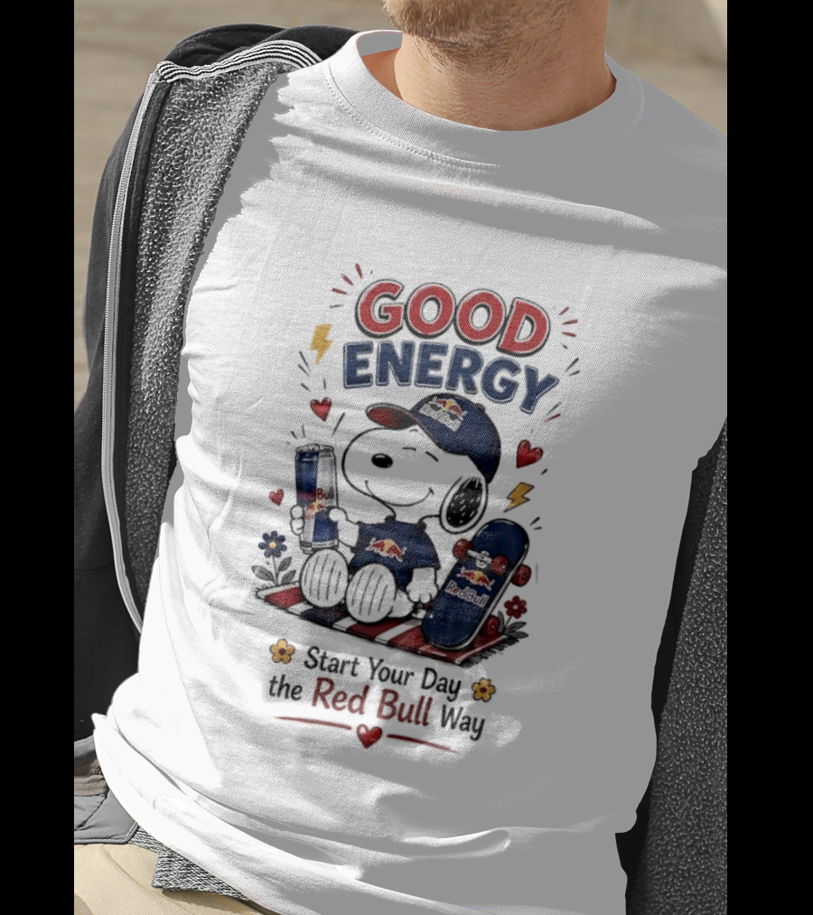 Snoopy Good Energy Start Your Day The Red Bull Way Skateboard And Drink T-Shirt