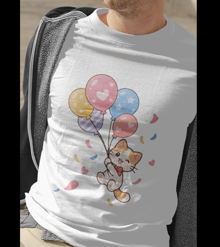 Cat Floating With Colorful Balloons T-Shirt