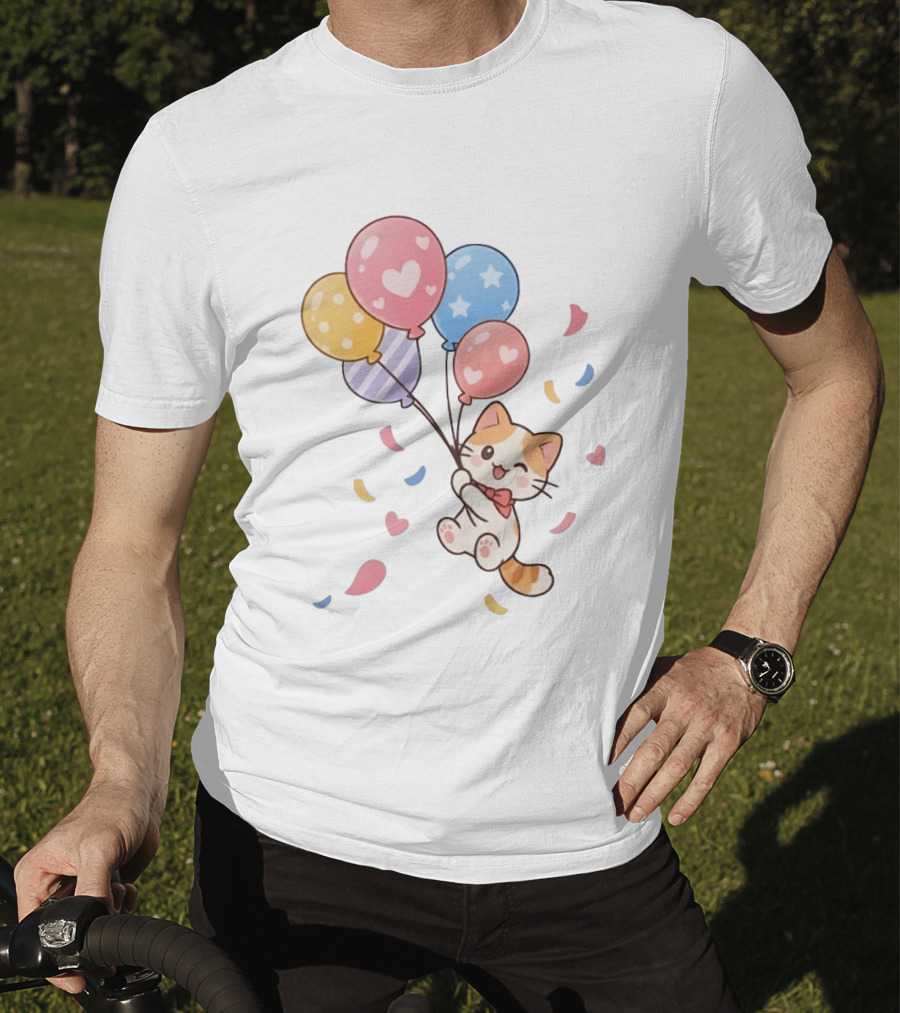 Cat Floating With Colorful Balloons T-Shirt