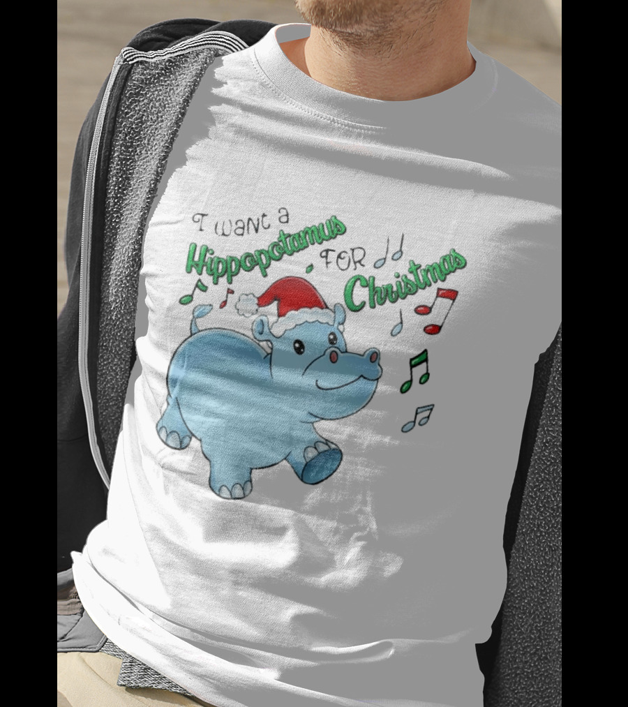 Inktastic I Want A Hippopotamus For Christmas Hippo In Santa Hat T-Shirt