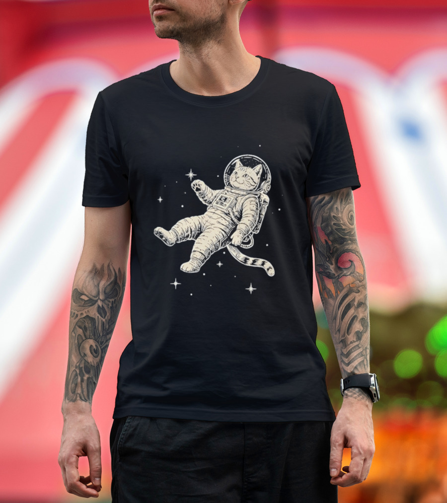 Astronaut Cat Floating In Space With Stars And Helmet T-Shirt
