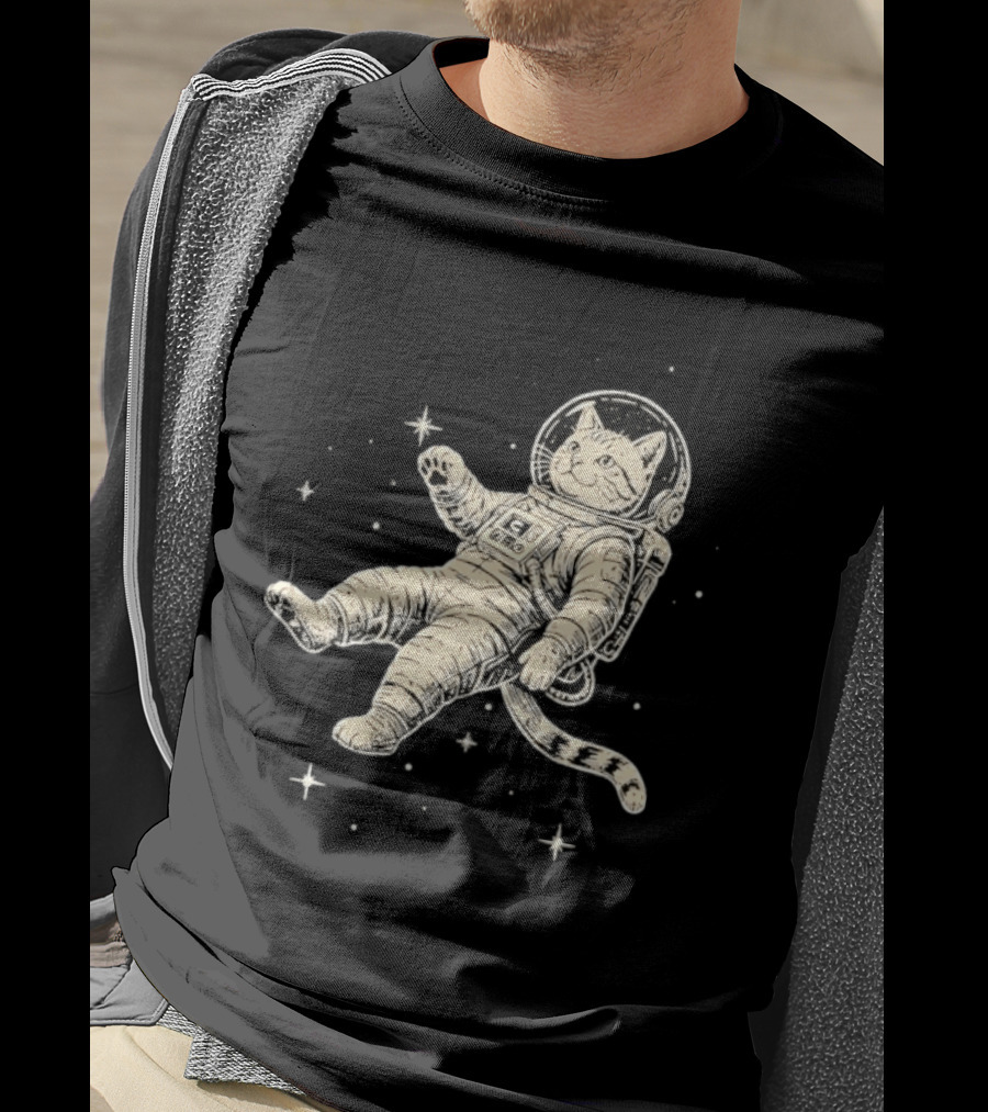 Astronaut Cat Floating In Space With Stars And Helmet T-Shirt