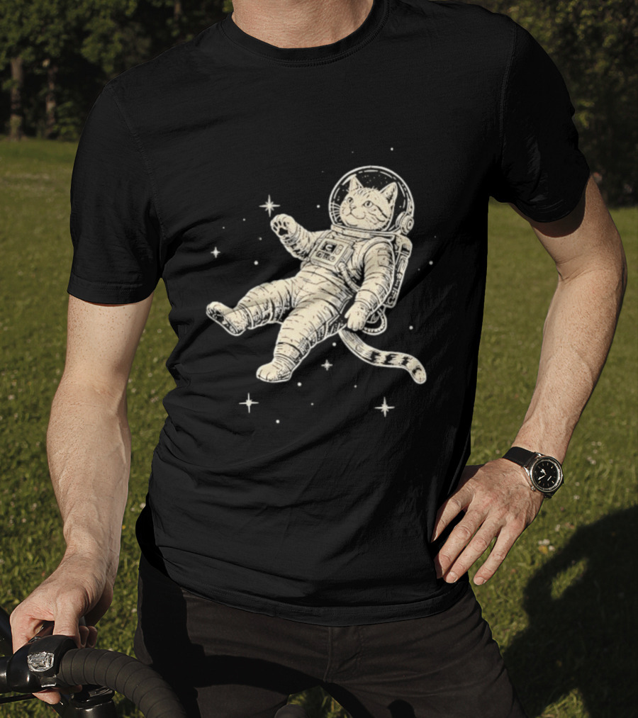 Astronaut Cat Floating In Space With Stars And Helmet T-Shirt