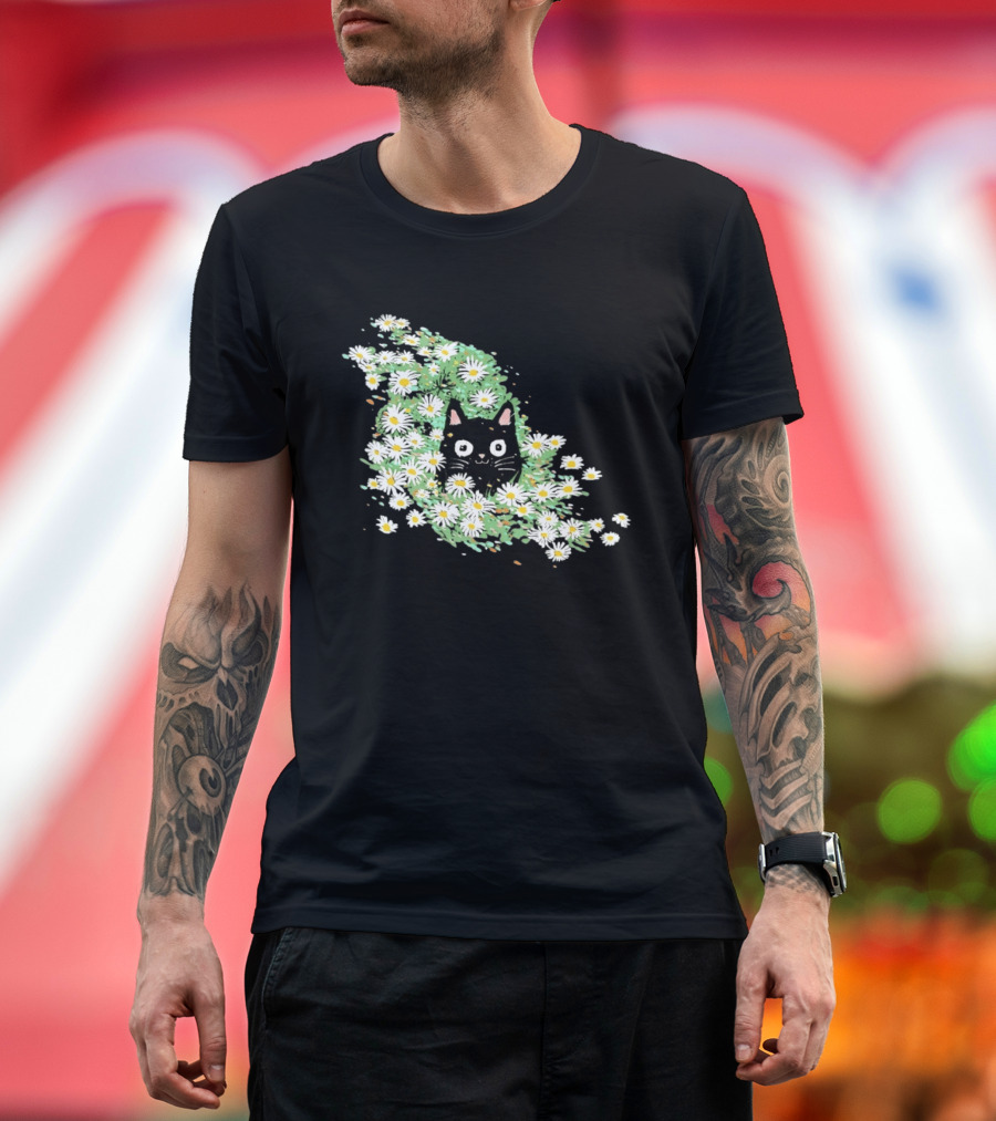 Black Cat Surrounded By Daisies In A Field T-Shirt