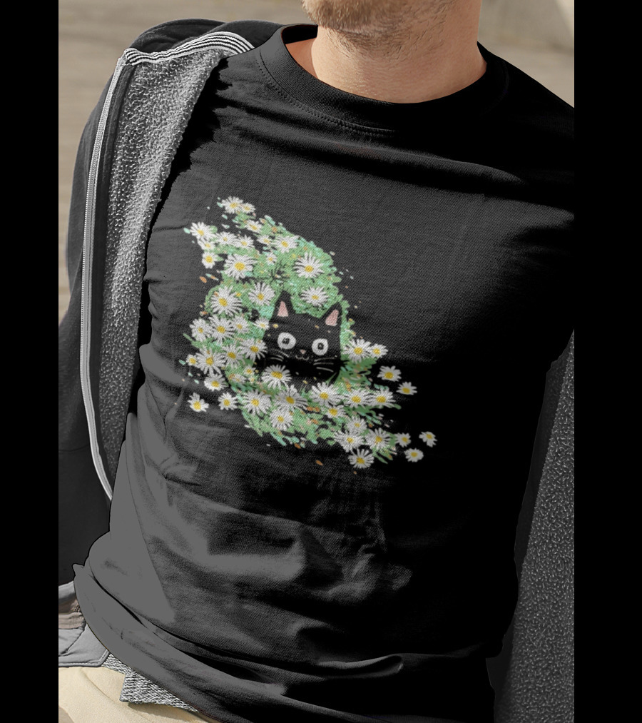 Black Cat Surrounded By Daisies In A Field T-Shirt