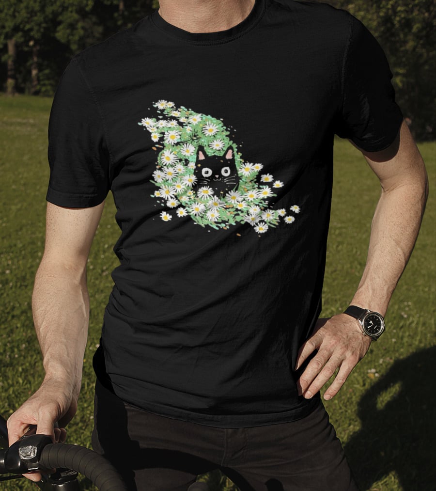Black Cat Surrounded By Daisies In A Field T-Shirt