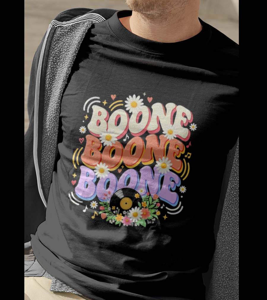 Boone Floral Vinyl Record Music Lover Colorful Daisy Notes Hearts T-Shirt