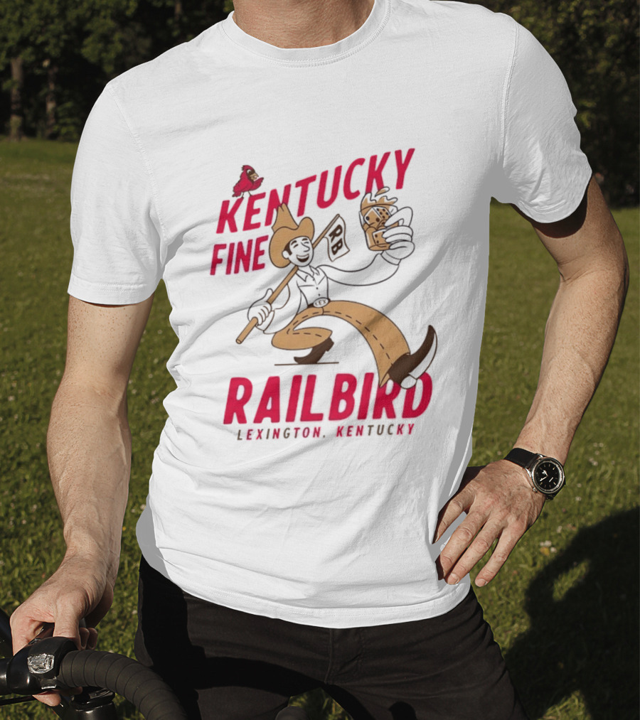 Kentucky Fine Railbird Lexington Kentucky Cowboy With Trophy And Cardinal T-Shirt