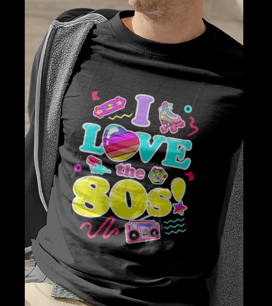I Love The 80s Nostalgia Roller Skates Boombox Rubik's Cube Retro Fun T-Shirt
