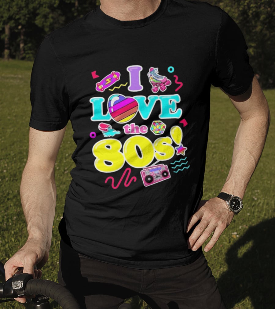 I Love The 80s Nostalgia Roller Skates Boombox Rubik's Cube Retro Fun T-Shirt