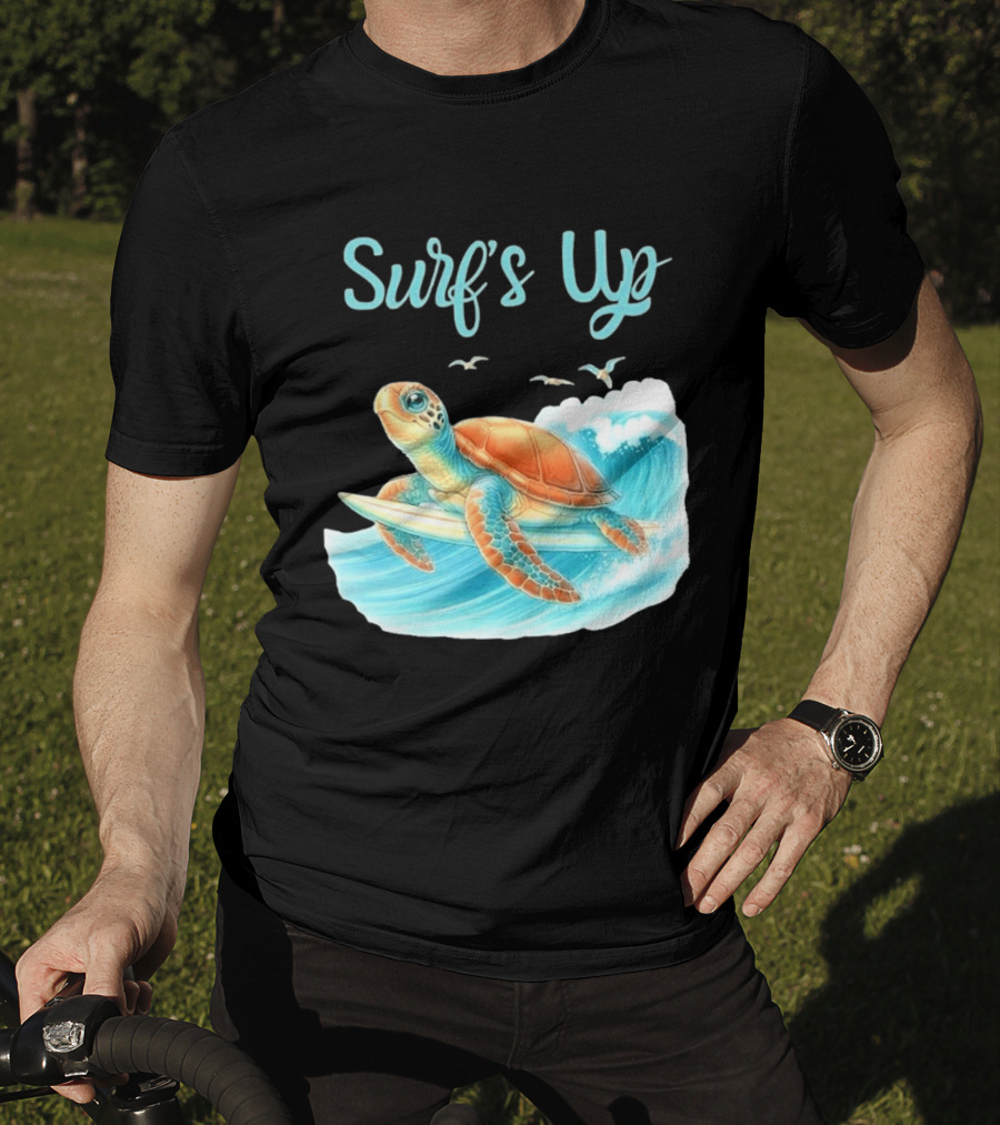 Surf's Up Turtle Riding Surfboard On Big Wave T-Shirt