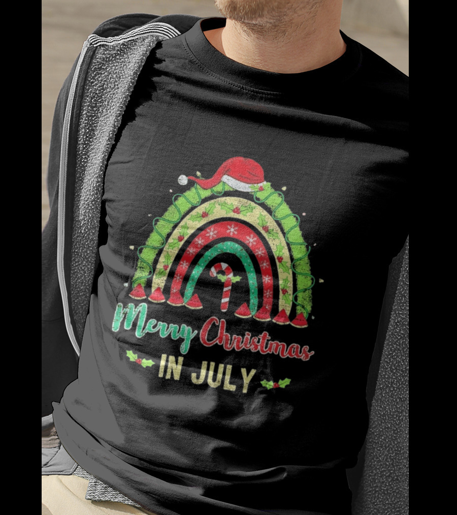 Merry Christmas In July Distressed Rainbow With Santa Hat And Candy Cane T-Shirt