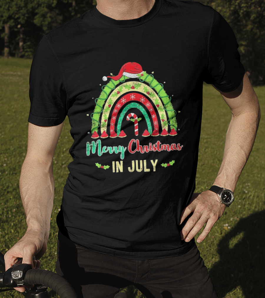 Merry Christmas In July Distressed Rainbow With Santa Hat And Candy Cane T-Shirt