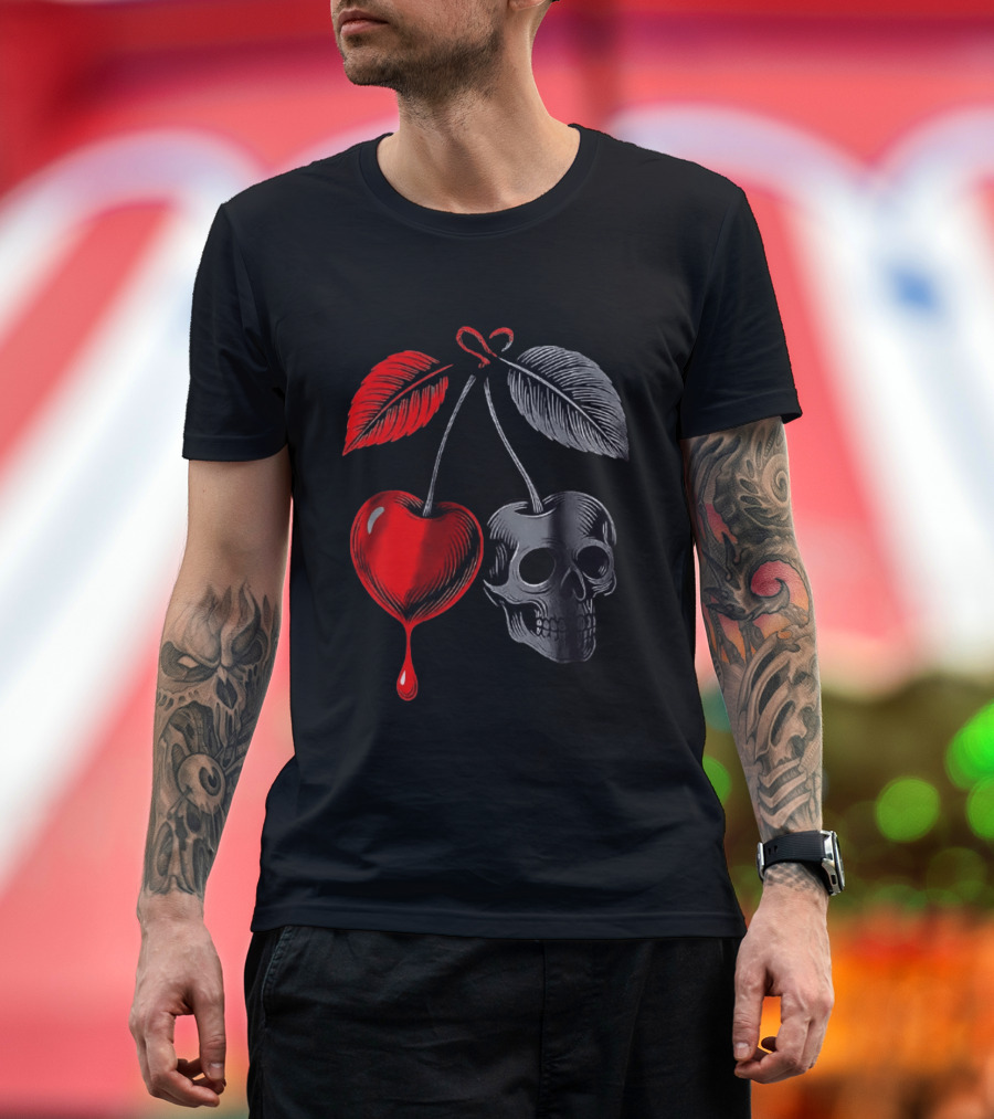 Bleeding Cherry Skull Memento Mori Gothic Macabre Dark Fruit T-Shirt