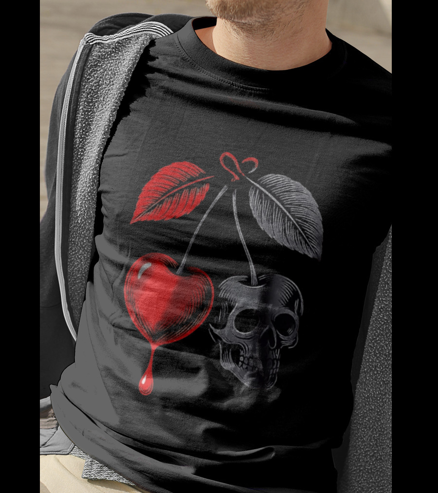 Bleeding Cherry Skull Memento Mori Gothic Macabre Dark Fruit T-Shirt