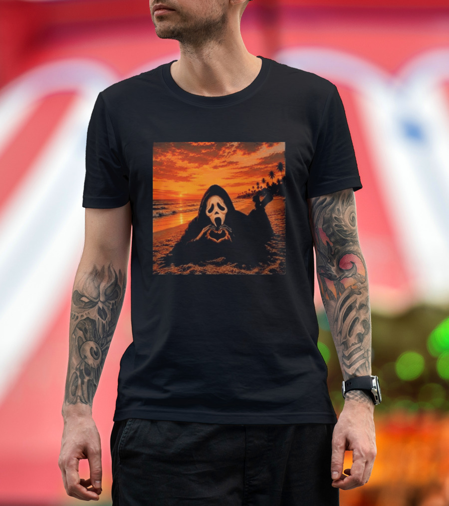 Ghostface Heart Hands Beach Sunset Halloween 2026 T-Shirt