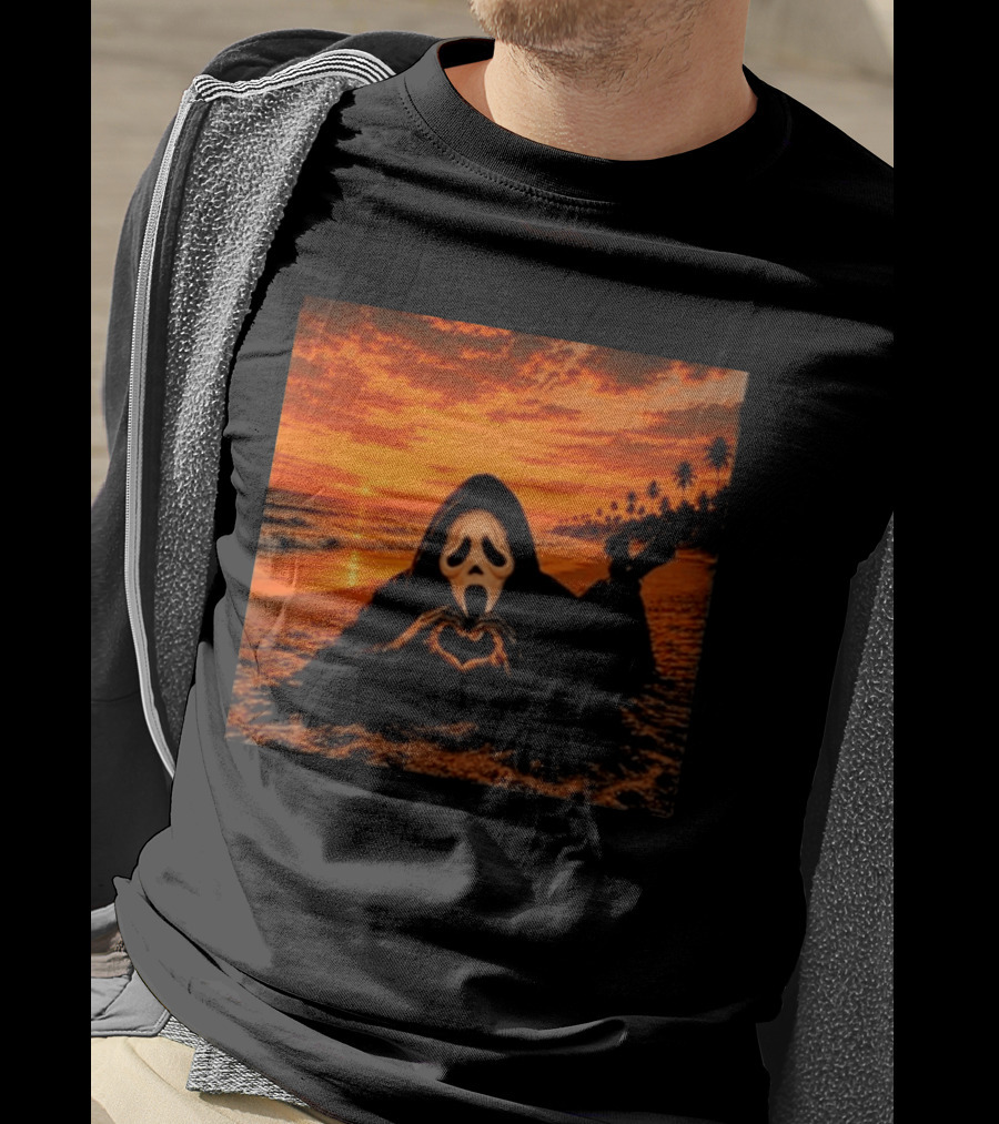Ghostface Heart Hands Beach Sunset Halloween 2026 T-Shirt
