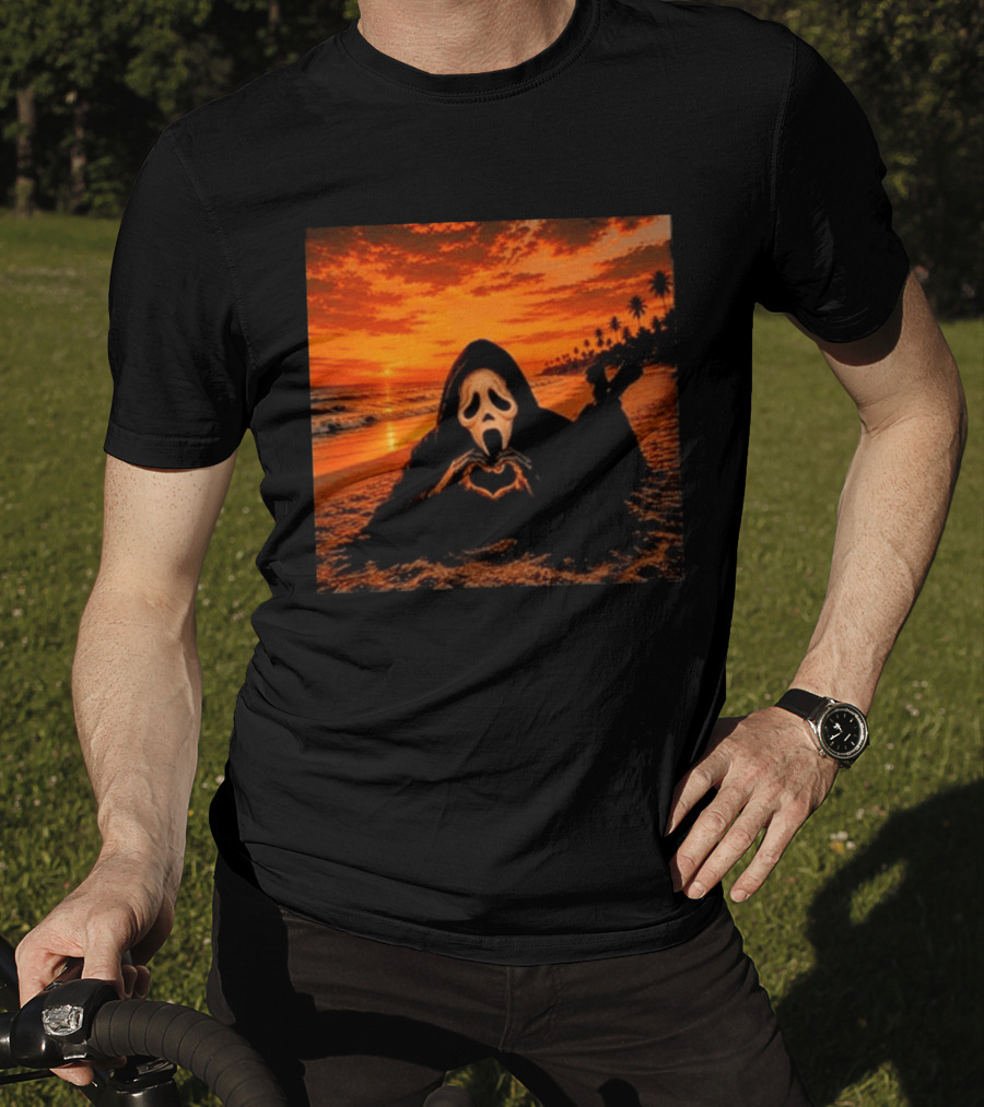 Ghostface Heart Hands Beach Sunset Halloween 2026 T-Shirt