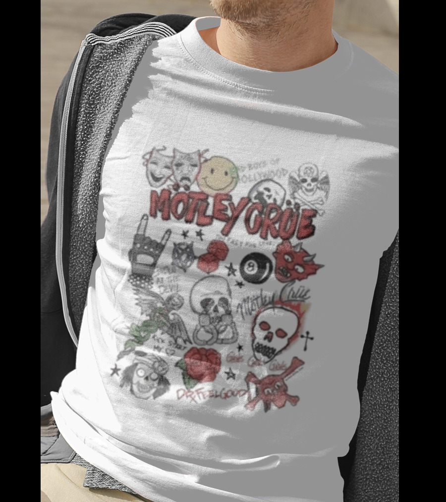 Motley Crue Album Doodle Collage Smiley Skull Roses Punk Rock T-Shirt