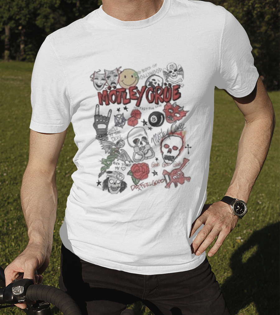 Motley Crue Album Doodle Collage Smiley Skull Roses Punk Rock T-Shirt