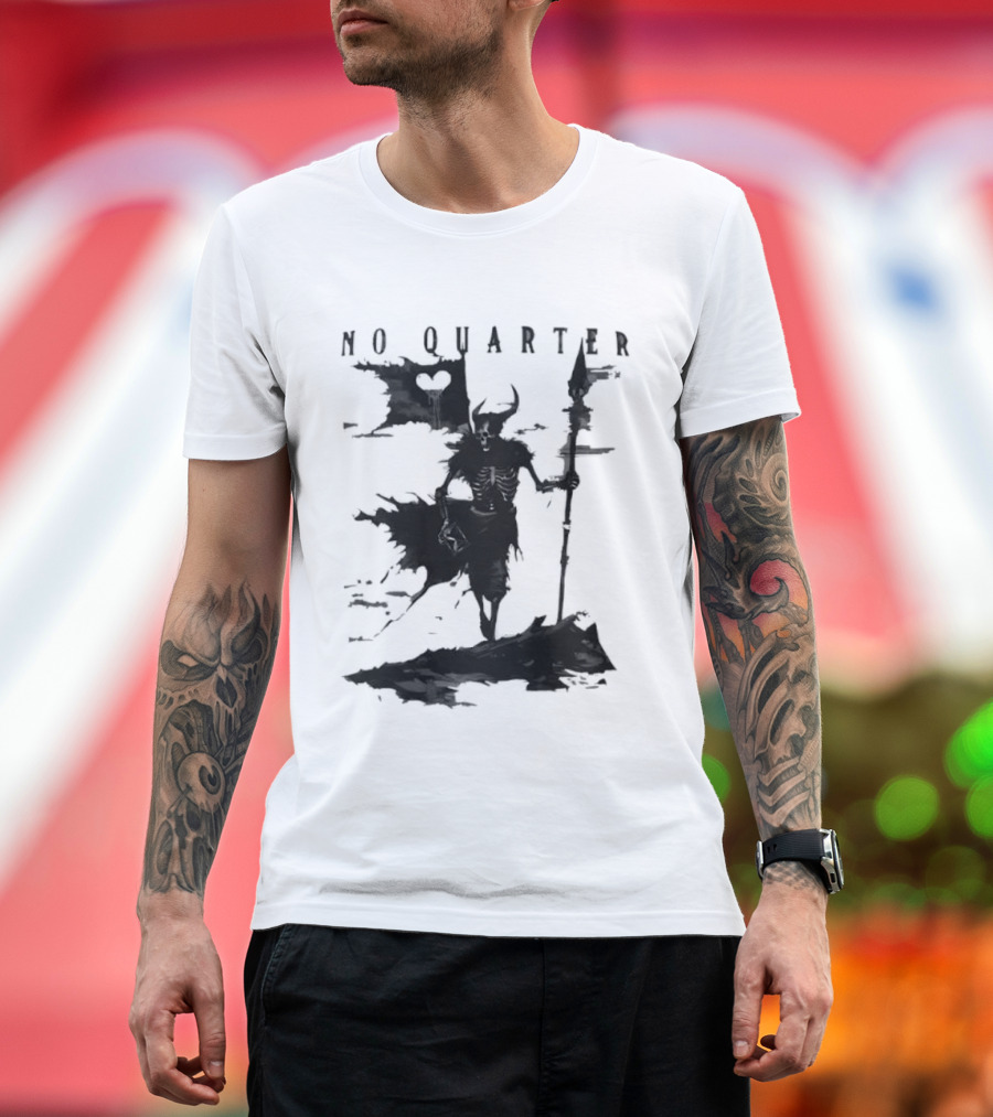 No Quarter Distressed Skeleton Warrior Dark Fantasy T-Shirt