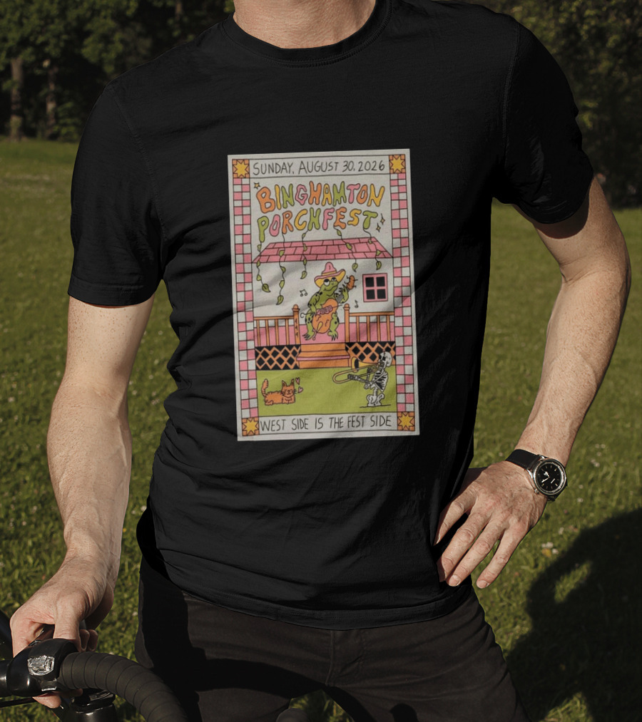 Binghamton Porchfest August 30 2026 West Side Is The Fest Side Sunday Concert Frog And Skeleton Player T-Shirt