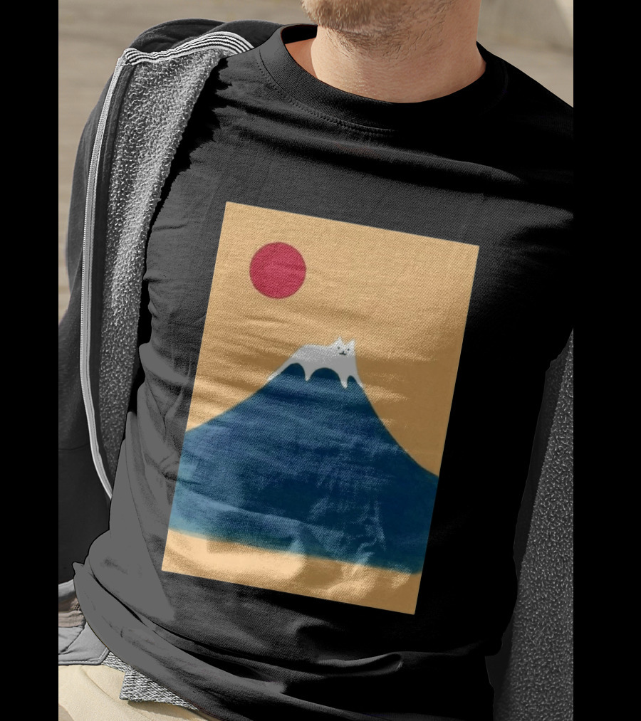 Meow Fuji Cat With Red Sun Illustration Japan T-Shirt