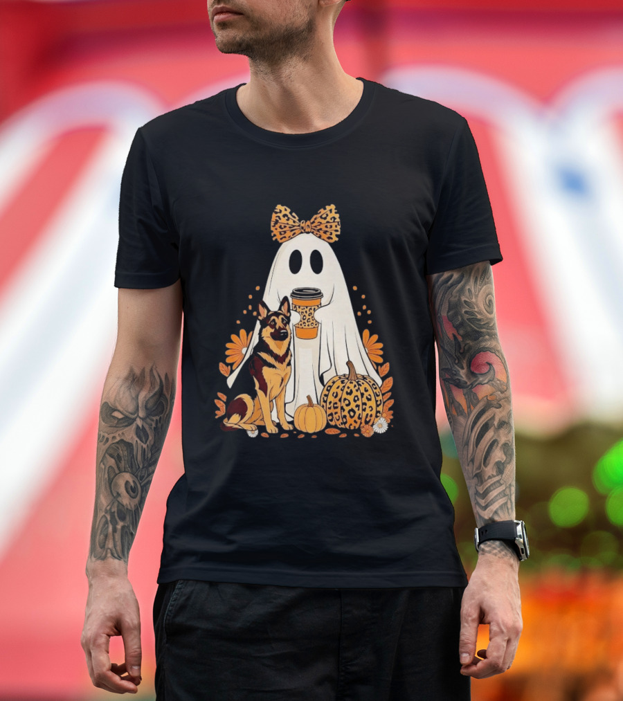 German Shepherd Ghost Leopard Pumpkin Coffee Halloween Bow T-Shirt