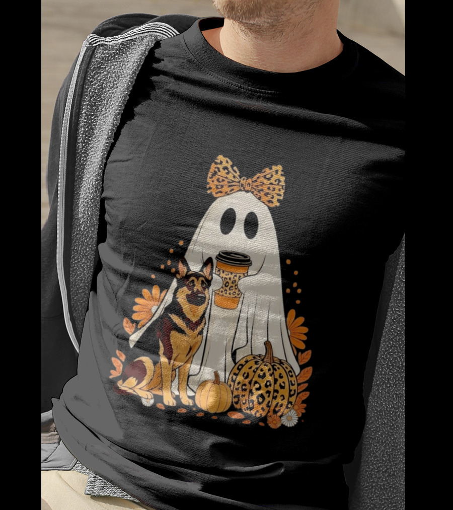 German Shepherd Ghost Leopard Pumpkin Coffee Halloween Bow T-Shirt