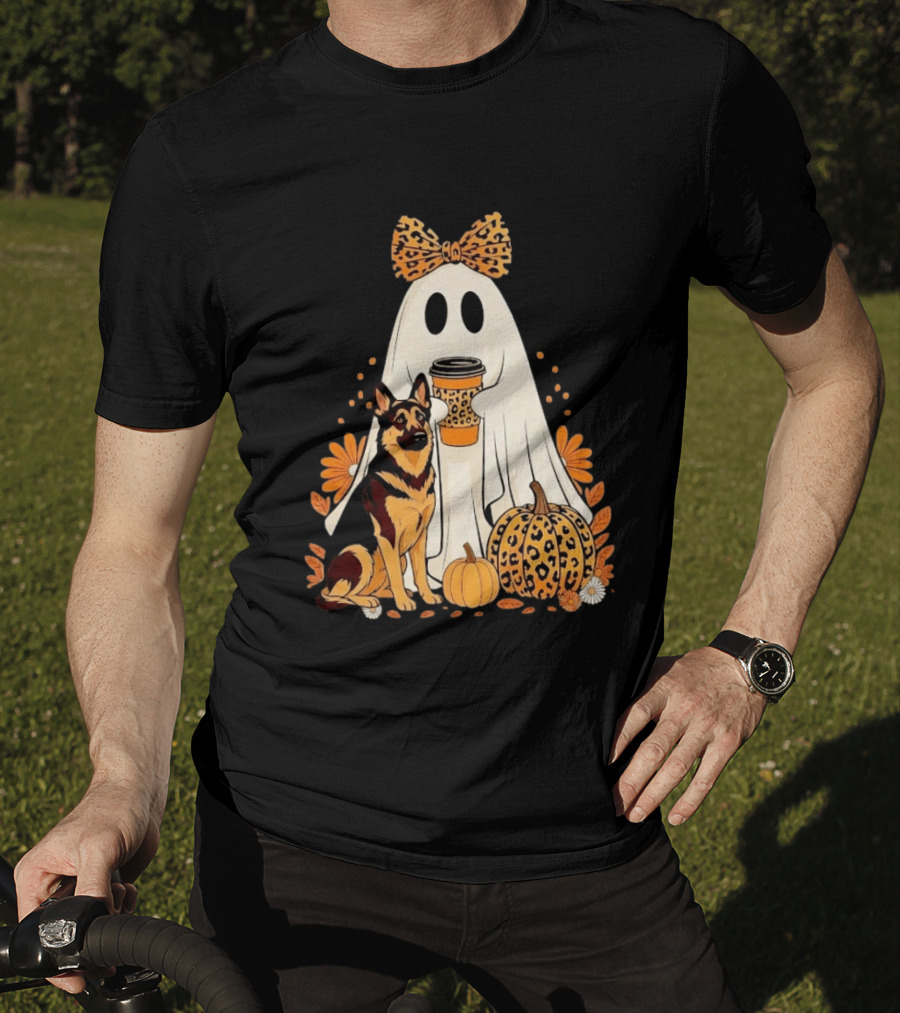 German Shepherd Ghost Leopard Pumpkin Coffee Halloween Bow T-Shirt