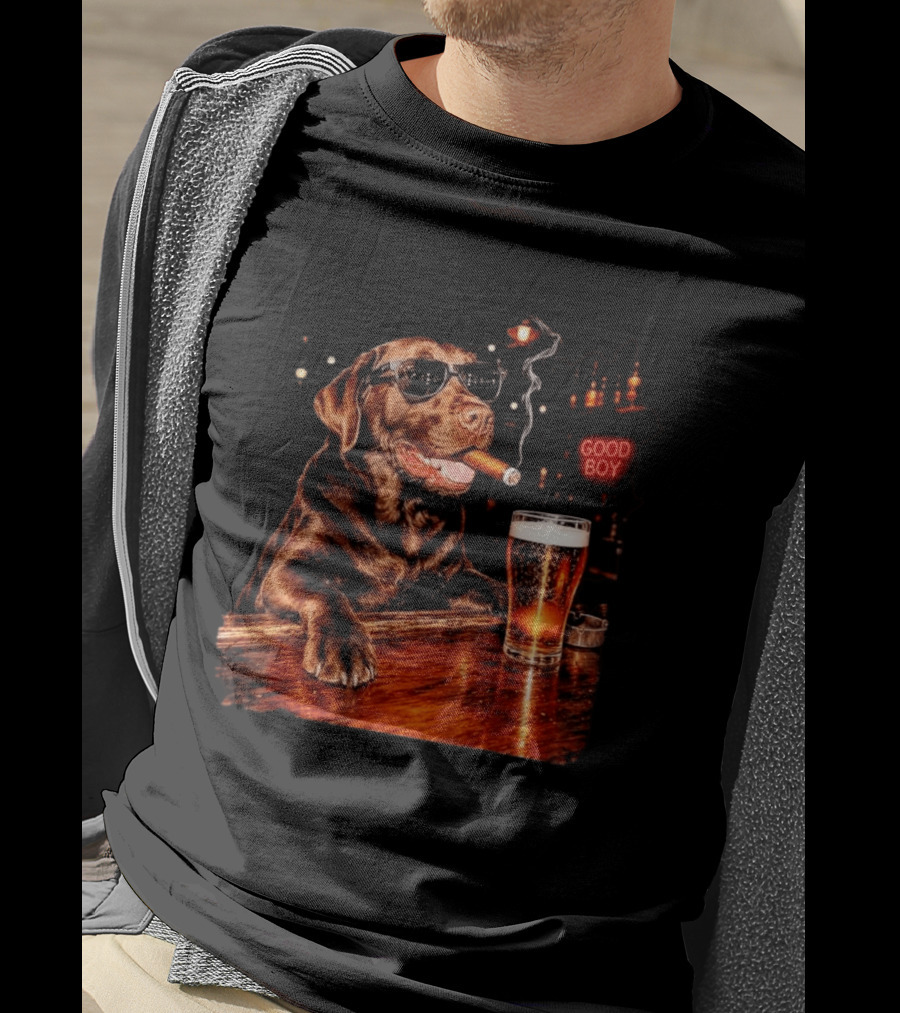 Silly Chocolate Labrador Retriever Drinking Beer Cigar Dog Good Boy Bar Night T-Shirt