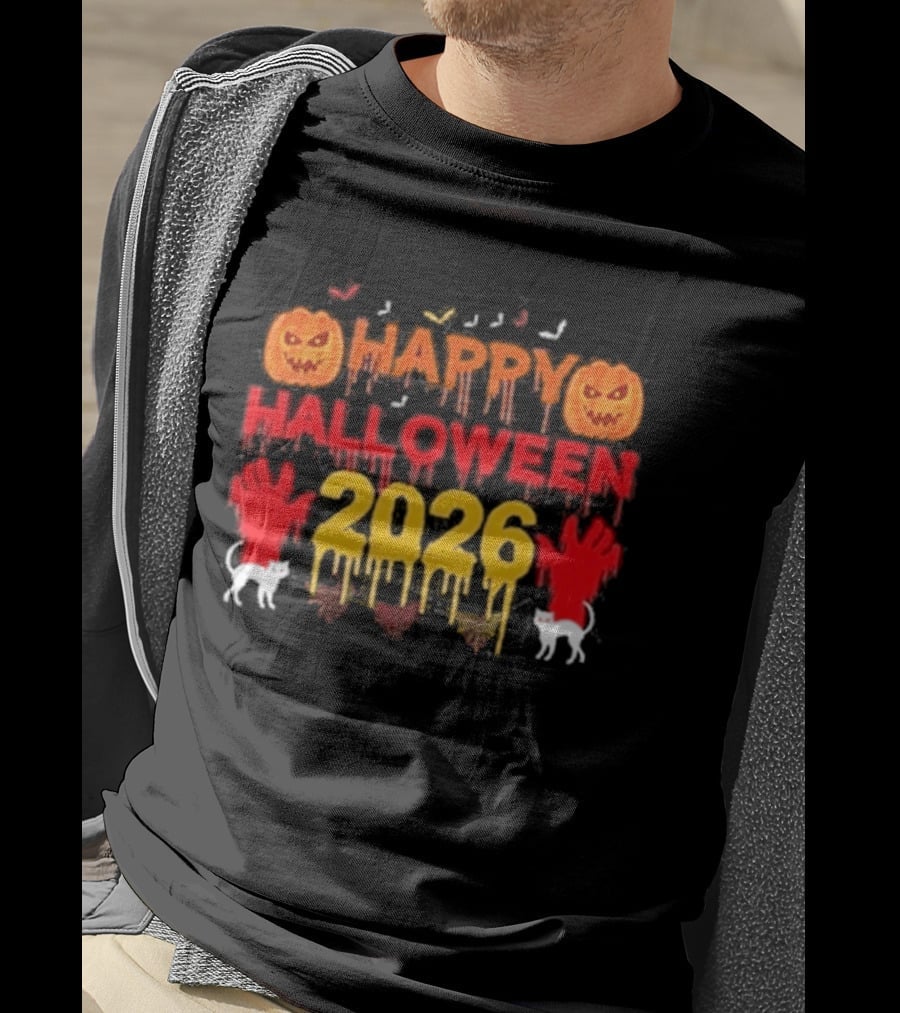 Happy Halloween 2026 Spooky Pumpkin Ghosts And Cats T-Shirt